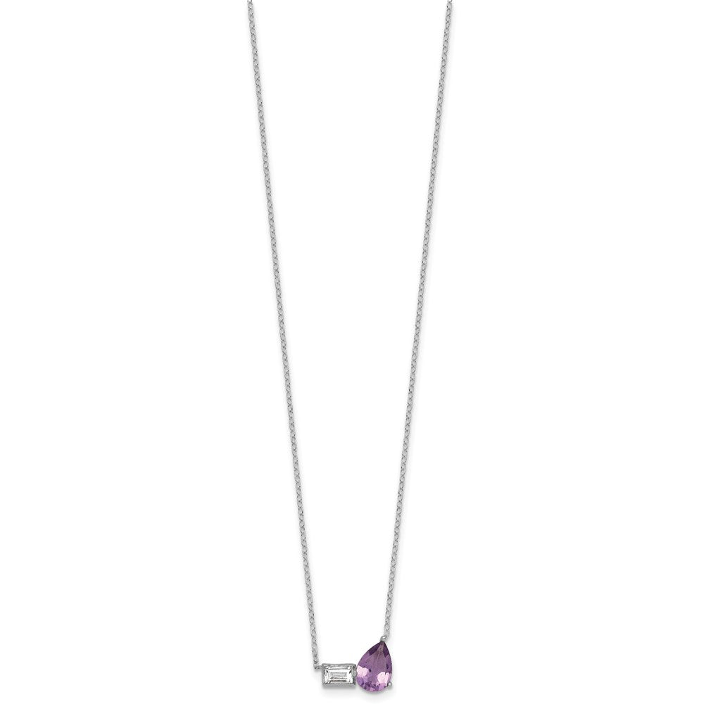 Sterling Silver Rh-Pltd Amethyst and White Topaz Pear Rectangle 16in w/2in Ext Necklace