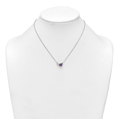 Sterling Silver Rh-Pltd Amethyst and White Topaz Pear Rectangle 16in w/2in Ext Necklace