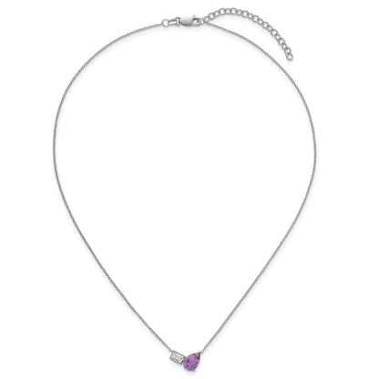 Sterling Silver Rh-Pltd Amethyst and White Topaz Pear Rectangle 16in w/2in Ext Necklace