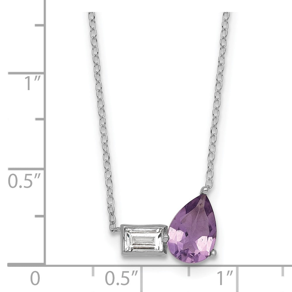 Sterling Silver Rh-Pltd Amethyst and White Topaz Pear Rectangle 16in w/2in Ext Necklace