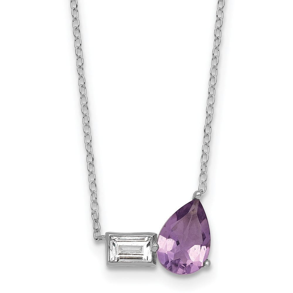 Sterling Silver Rh-Pltd Amethyst and White Topaz Pear Rectangle 16in w/2in Ext Necklace