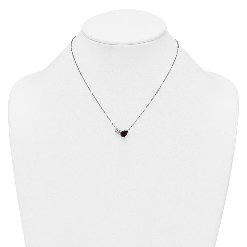 Sterling Silver Rh-Pltd Garnet and White Topaz Pear Rectangle 16in W/ 2in Ext Necklace