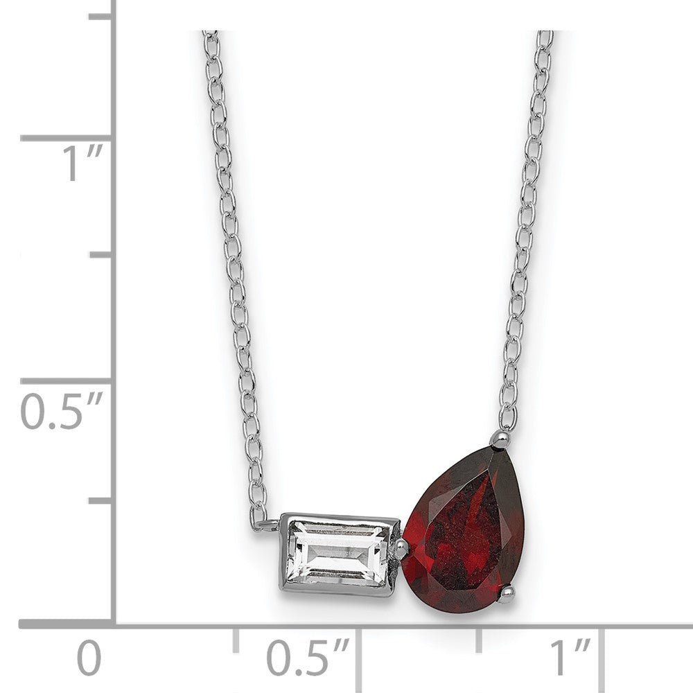 Sterling Silver Rh-Pltd Garnet and White Topaz Pear Rectangle 16in W/ 2in Ext Necklace