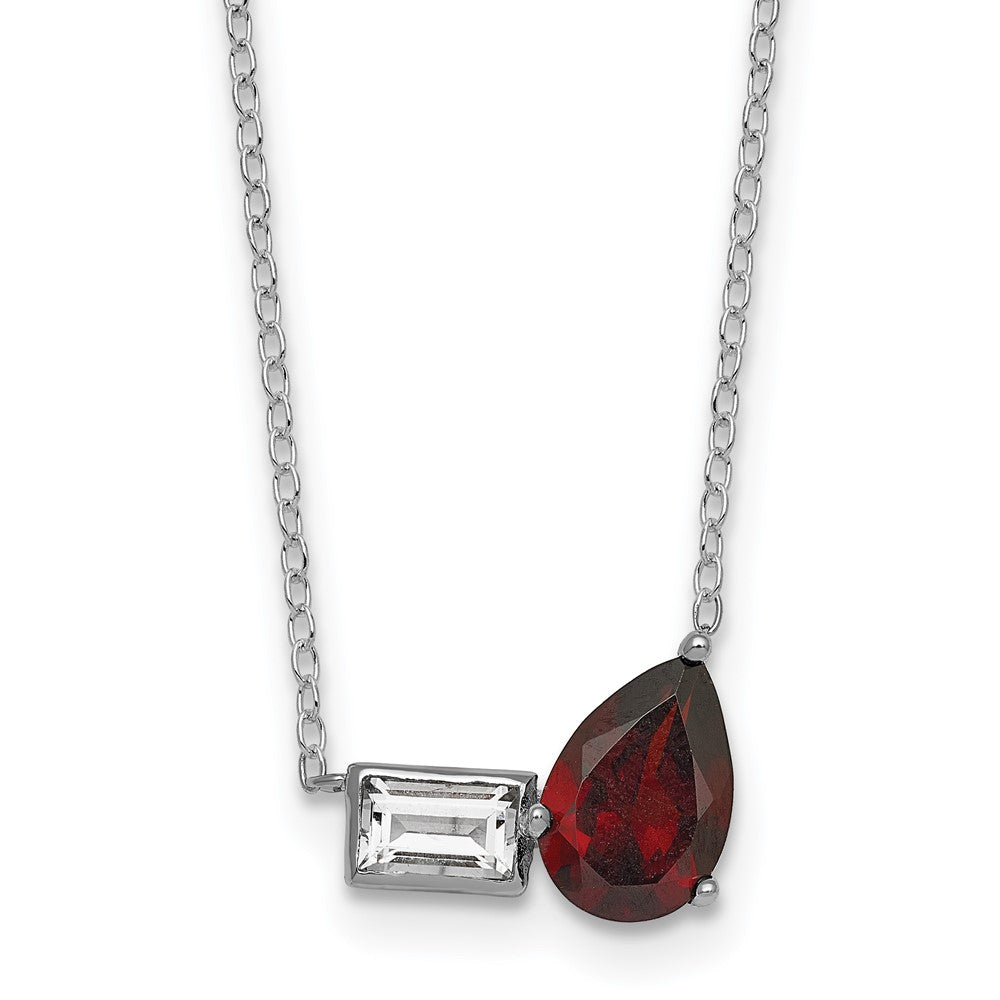 Sterling Silver Rh-Pltd Garnet and White Topaz Pear Rectangle 16in W/ 2in Ext Necklace