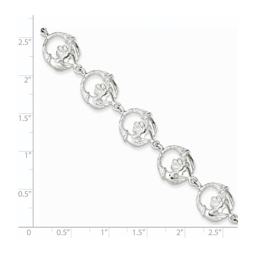 Sterling Silver Polished And Textured Claddagh Link 7 Inch Bracelet