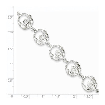 Sterling Silver Polished And Textured Claddagh Link 7 Inch Bracelet
