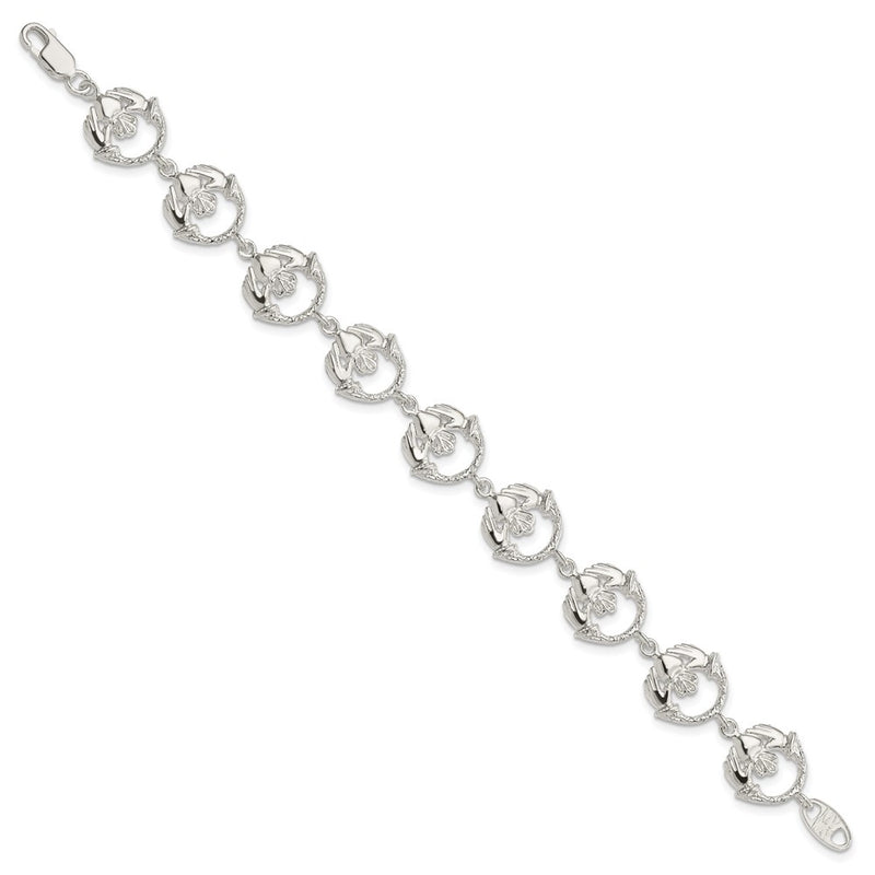 Sterling Silver Polished And Textured Claddagh Link 7 Inch Bracelet