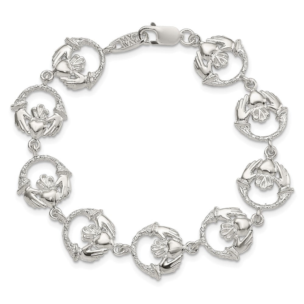 Sterling Silver Polished And Textured Claddagh Link 7 Inch Bracelet