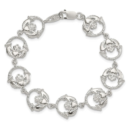 Sterling Silver Polished And Textured Claddagh Link 7 Inch Bracelet