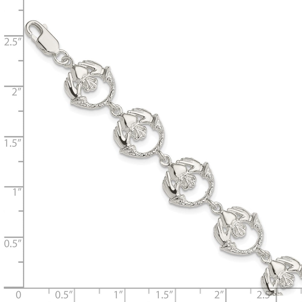 Sterling Silver Polished And Textured Claddagh Link 7 Inch Bracelet