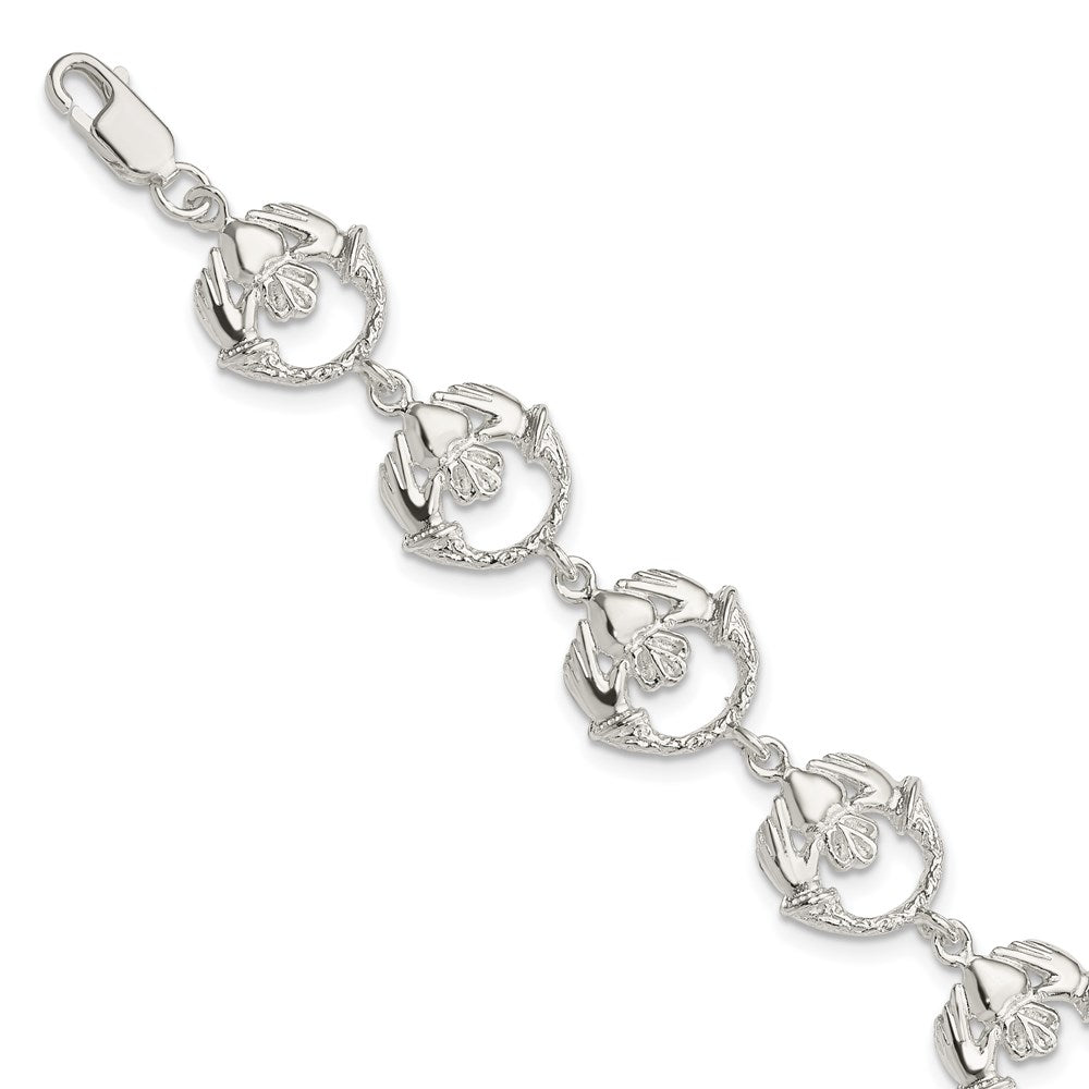 Sterling Silver Polished And Textured Claddagh Link 7 Inch Bracelet