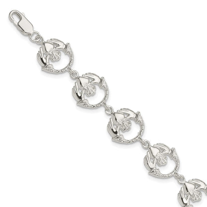 Sterling Silver Polished And Textured Claddagh Link 7 Inch Bracelet