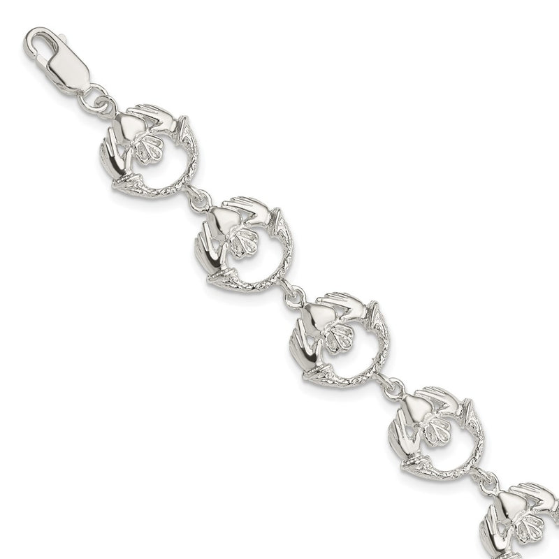 Sterling Silver Polished And Textured Claddagh Link 7 Inch Bracelet
