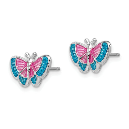 Sterling Silver Rhodium-Plated Madi K Polished Pink & Blue Enameled Butterfly Children'S Post Earrings