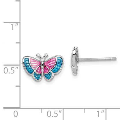 Sterling Silver Rhodium-Plated Madi K Polished Pink & Blue Enameled Butterfly Children'S Post Earrings