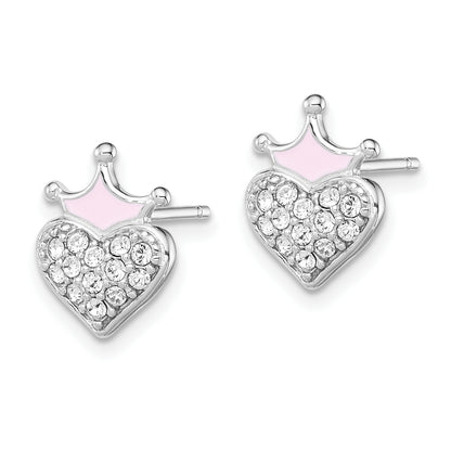 Sterling Silver Madi K Rhodium-Plated Polished Pink Enamel & Crystal Crown Heart Children'S Post Earrings