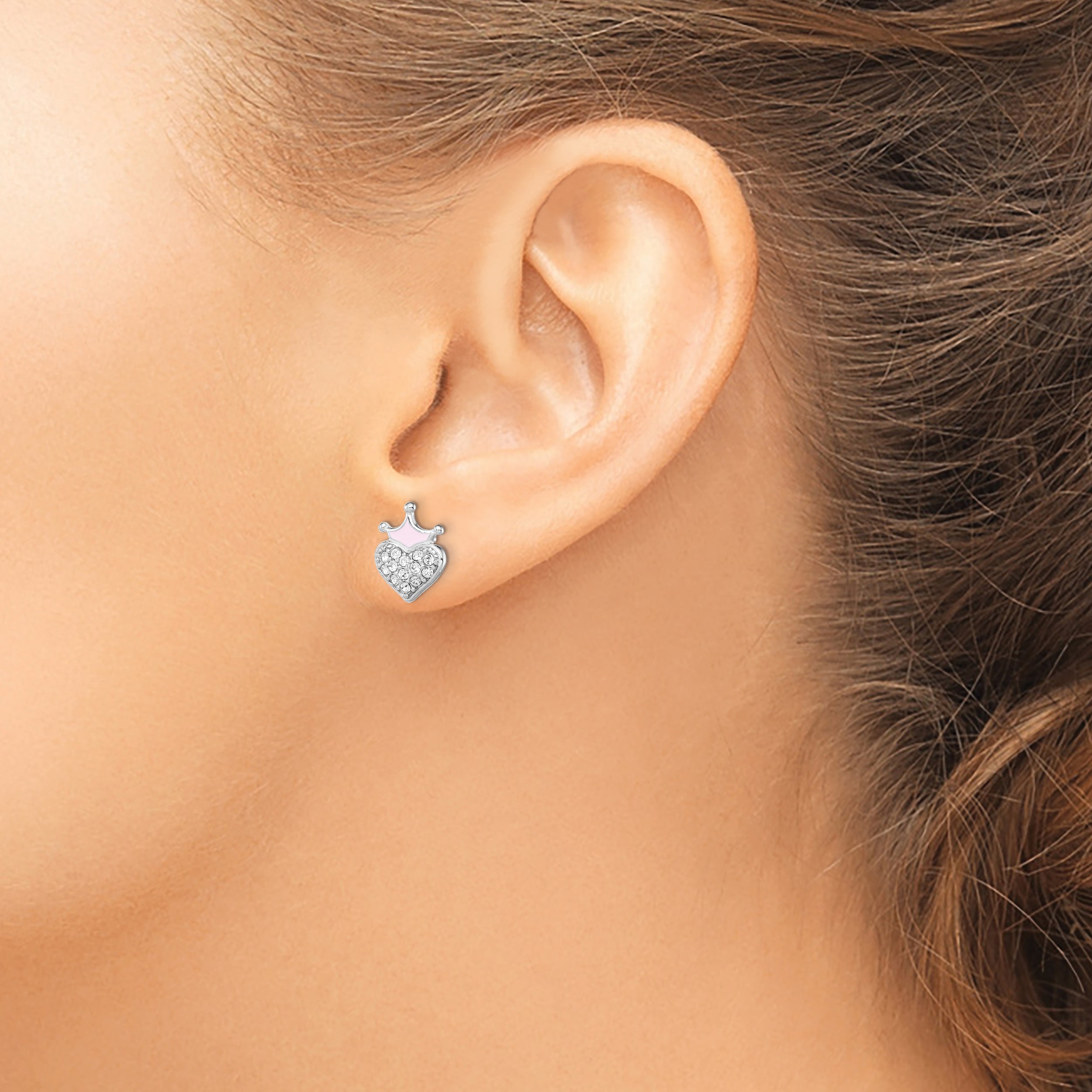 Sterling Silver Madi K Rhodium-Plated Polished Pink Enamel & Crystal Crown Heart Children'S Post Earrings