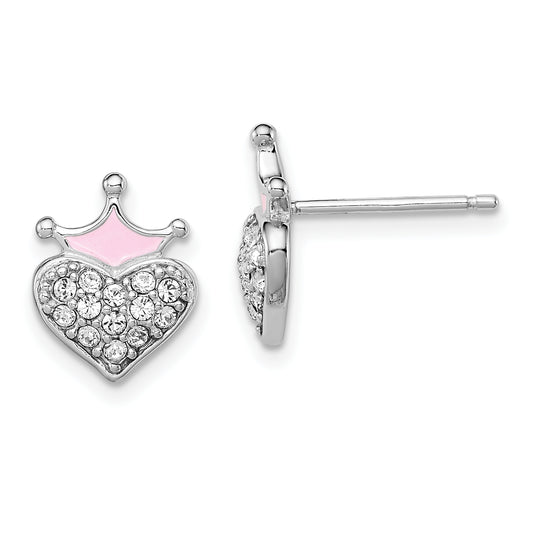 Sterling Silver Madi K Rhodium-Plated Polished Pink Enamel & Crystal Crown Heart Children'S Post Earrings