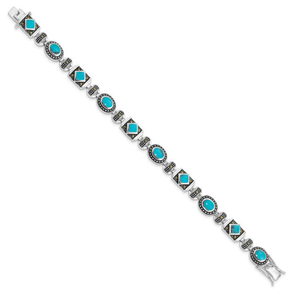 7 Inch Sterling Silver Rhodium-Plated Synth Turquoise And Marcasite Bracelet