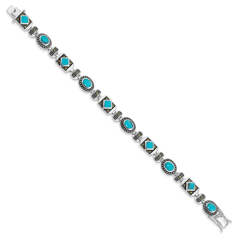 7 Inch Sterling Silver Rhodium-Plated Synth Turquoise And Marcasite Bracelet