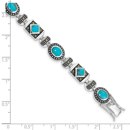 7 Inch Sterling Silver Rhodium-Plated Synth Turquoise And Marcasite Bracelet