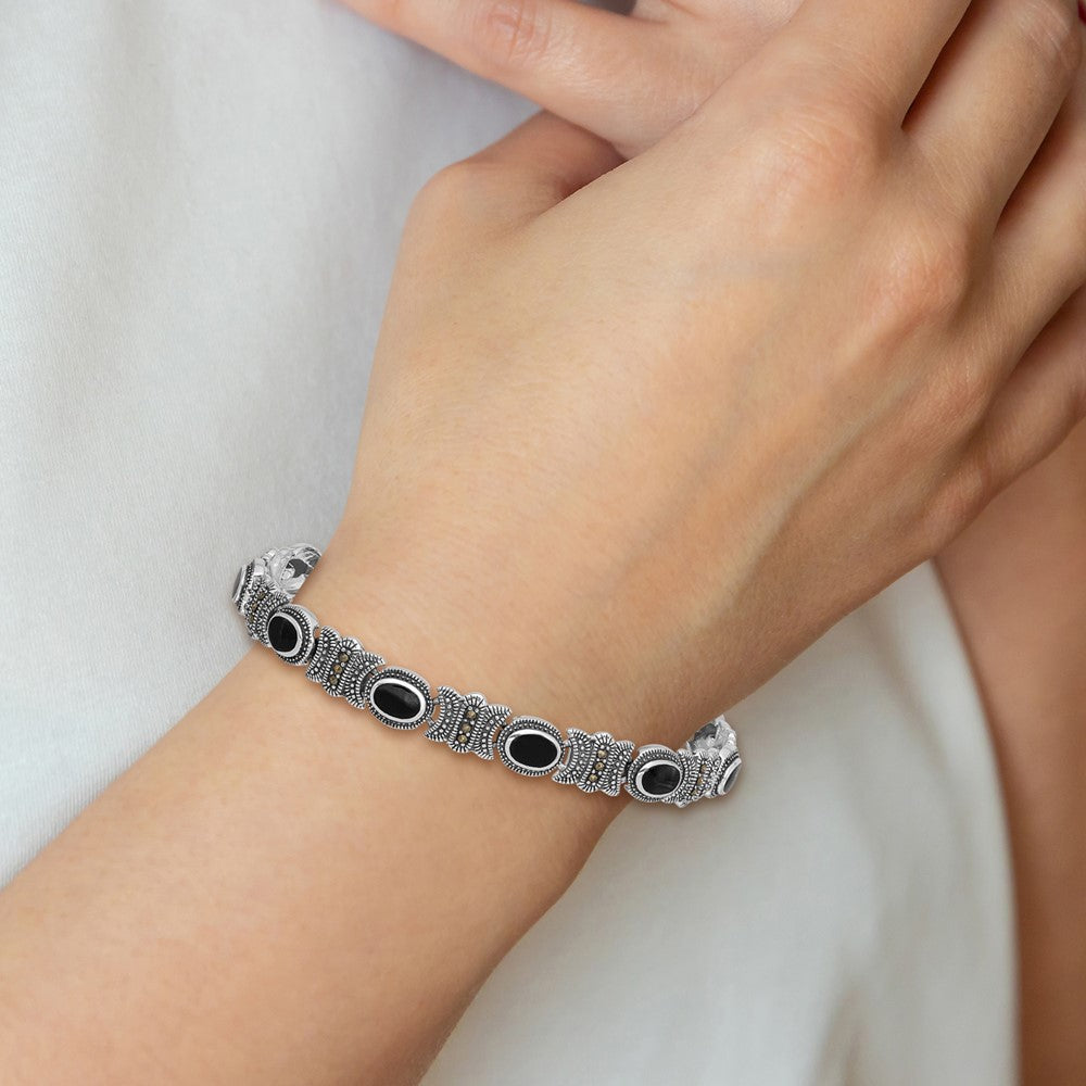 Sterling Silver Rhodium-Plated Marcasite And Onyx 7.25 Inch Bracelet