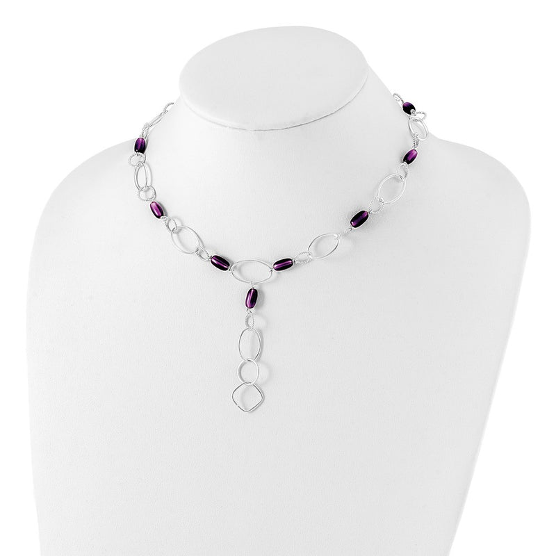 Sterling Silver Purple Crystal Fancy Link Drop Necklace