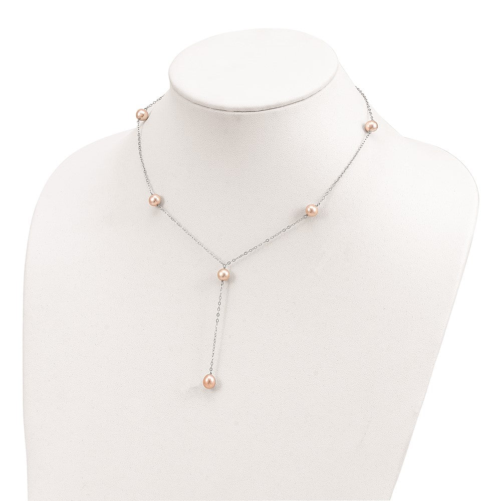 Sterling Silver Rhodium-Plated Pink Fw Cultured Pearl Y-Drop Necklace