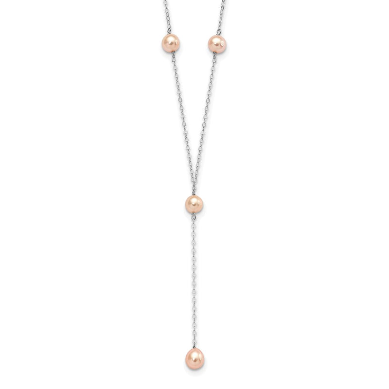 Sterling Silver Rhodium-Plated Pink Fw Cultured Pearl Y-Drop Necklace
