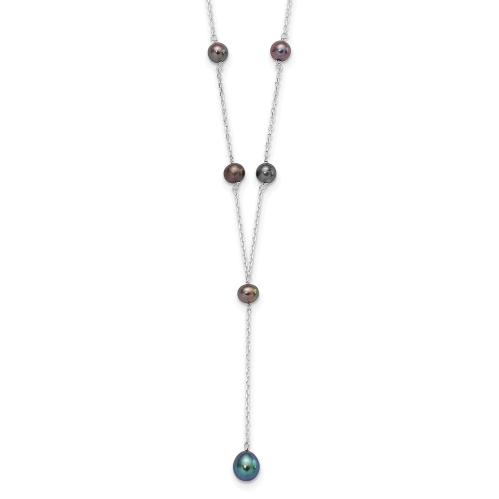 Sterling Silver Rhodium-Plated Black Fwc Pearl Y-Drop Necklace
