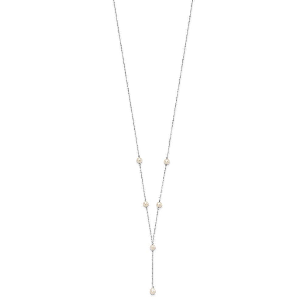 Sterling Silver Rhodum-Plated White Fw Cultured Pearl Y-Drop Necklace