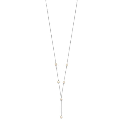 Sterling Silver Rhodum-Plated White Fw Cultured Pearl Y-Drop Necklace