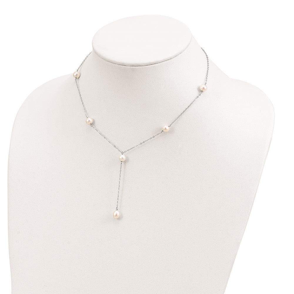 Sterling Silver Rhodum-Plated White Fw Cultured Pearl Y-Drop Necklace