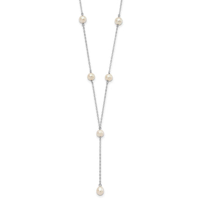 Sterling Silver Rhodum-Plated White Fw Cultured Pearl Y-Drop Necklace