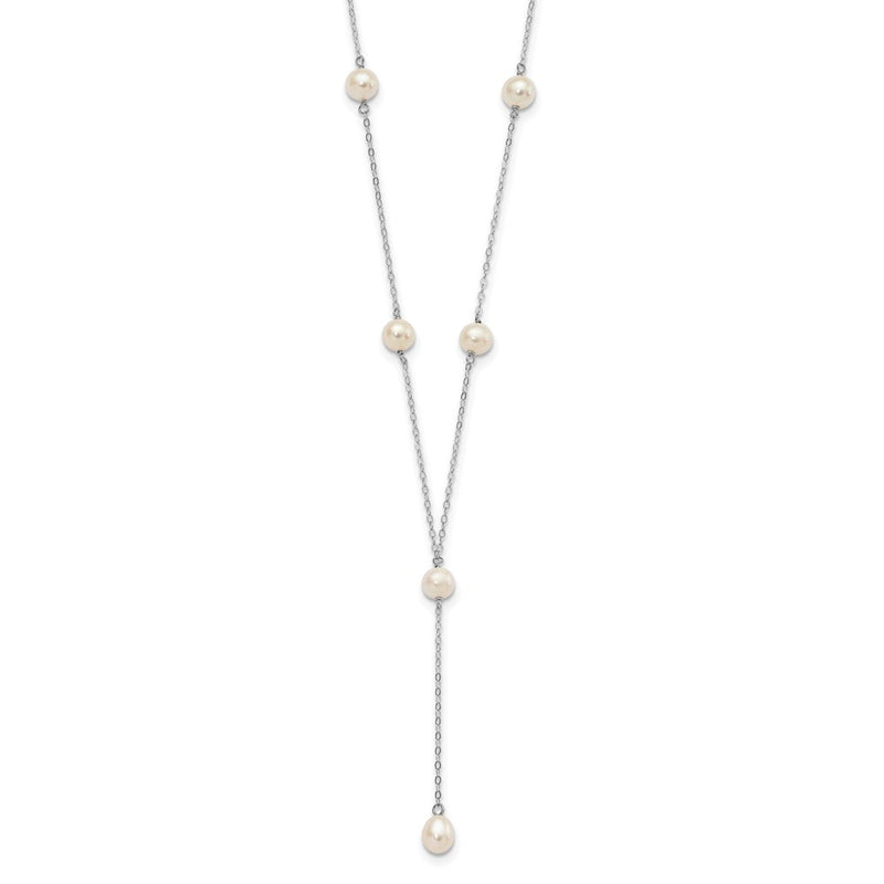 Sterling Silver Rhodum-Plated White Fw Cultured Pearl Y-Drop Necklace