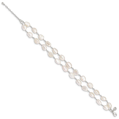 8.5 Inch Sterling Silver 2-Strand White Baroque Fw Cultured Pearl 8.5In Bracelet