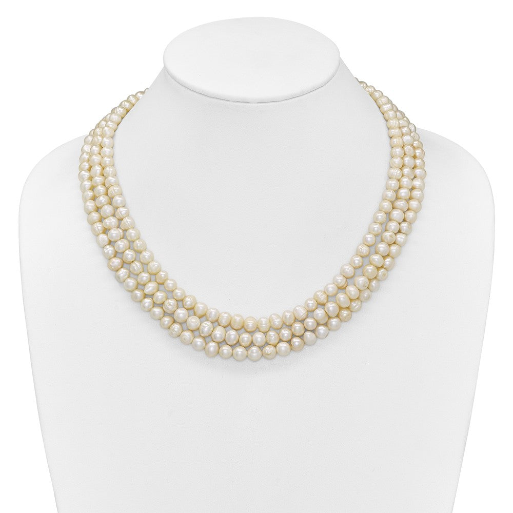 Sterling Silver Triple Strand White Fw Cultured Pearl Necklace