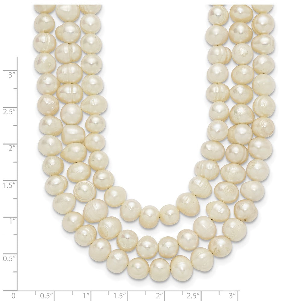 Sterling Silver Triple Strand White Fw Cultured Pearl Necklace