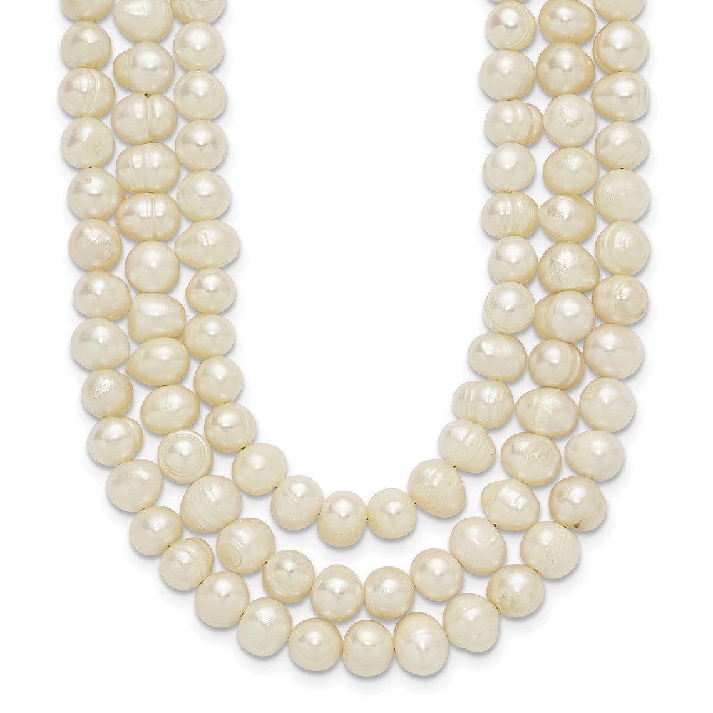 Sterling Silver Triple Strand White Fw Cultured Pearl Necklace