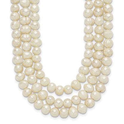 Sterling Silver Triple Strand White Fw Cultured Pearl Necklace