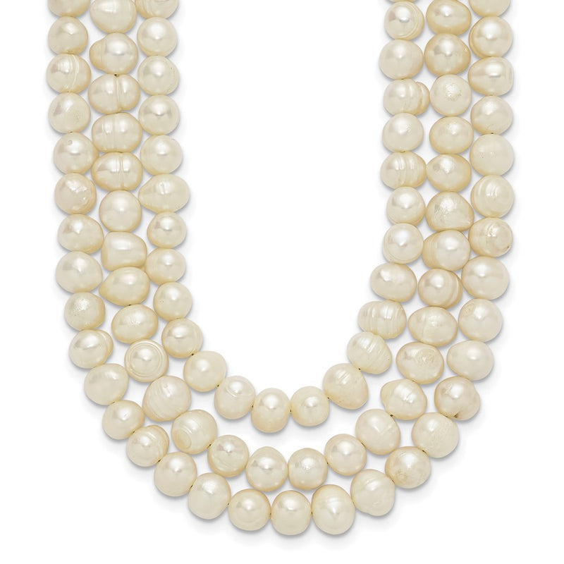 Sterling Silver Triple Strand White Fw Cultured Pearl Necklace