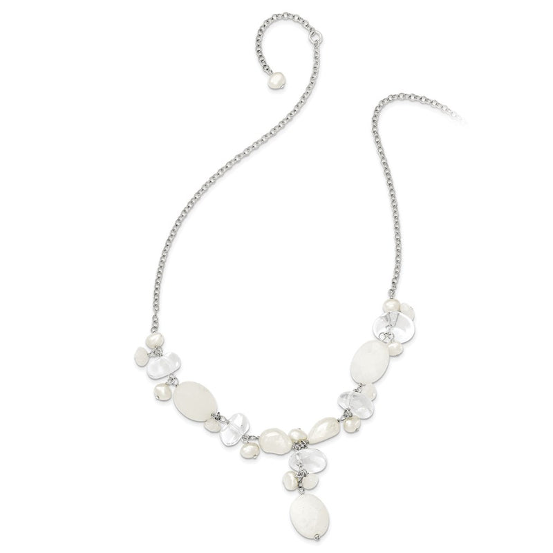 Sterling Silver Moonstone/Fwc Pearl/Rock Qtz/White Jade Necklace