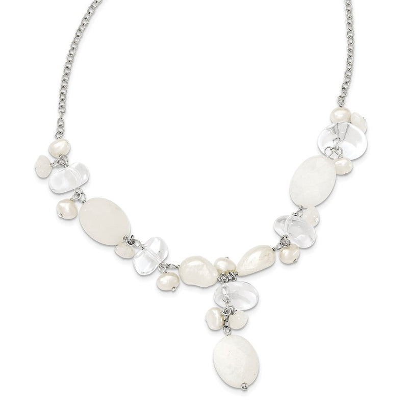 Sterling Silver Moonstone/Fwc Pearl/Rock Qtz/White Jade Necklace