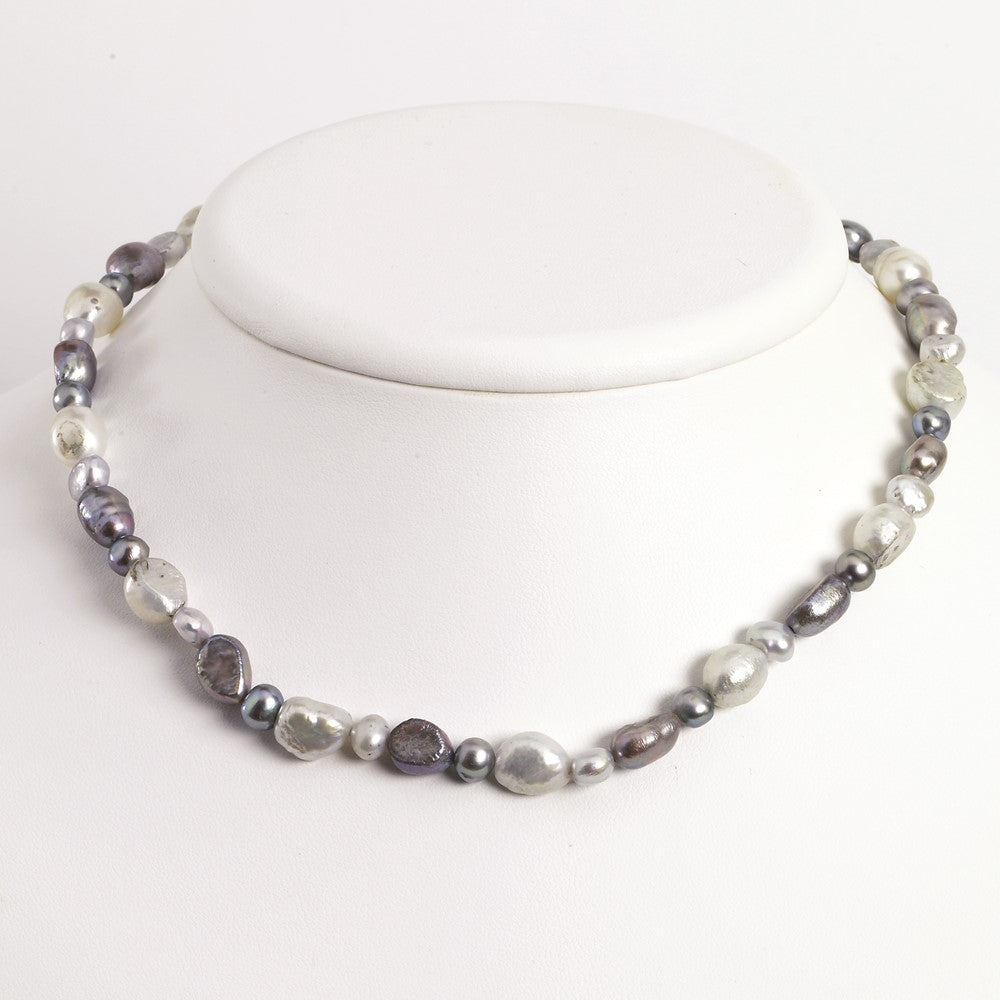 Sterling Silver White And Grey Fw Cultured Pearl Necklace