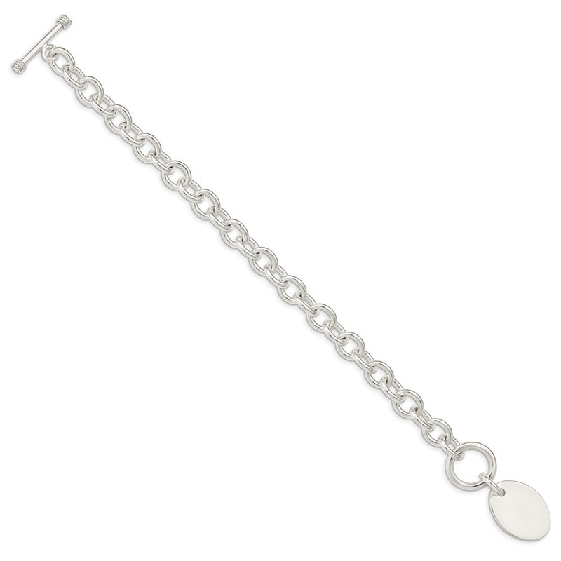 7.5 Inch Sterling Silver Engraveable Oval Disc On Fancy Link Bracelet