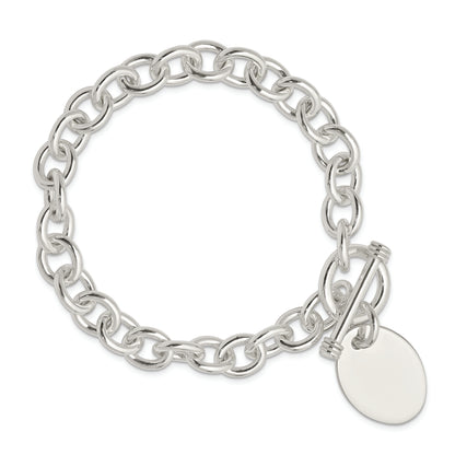7.5 Inch Sterling Silver Engraveable Oval Disc On Fancy Link Bracelet