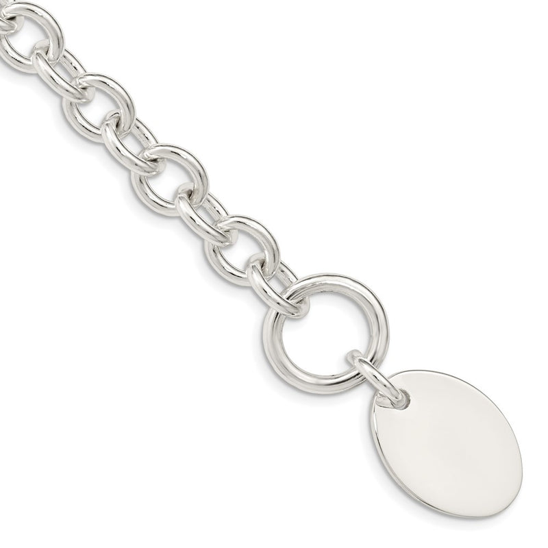 7.5 Inch Sterling Silver Engraveable Oval Disc On Fancy Link Bracelet