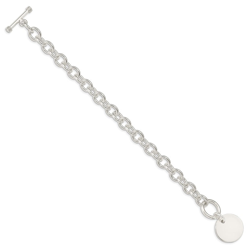 7.5 Inch Sterling Silver Engraveable Circular Disc On Fancy Link Bracelet