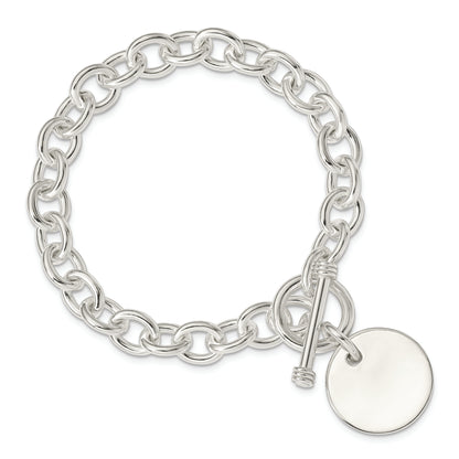 7.5 Inch Sterling Silver Engraveable Circular Disc On Fancy Link Bracelet