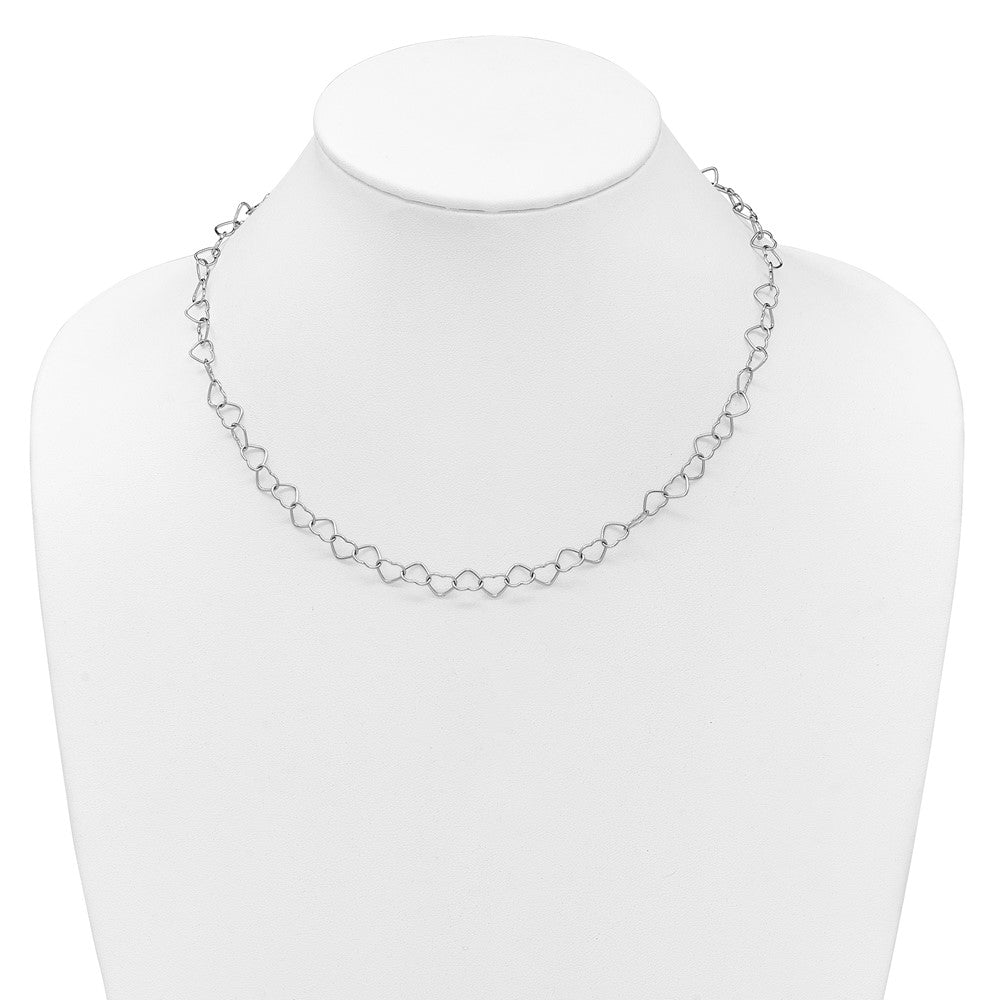 Sterling Silver Rhodium-Plated 18inch Polished Fancy Heart Link Necklace